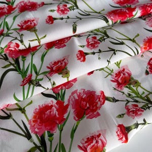 Italian viscose marocaine fabric, beautiful carnation flower print, designer fabric, high quality, sold by the meter