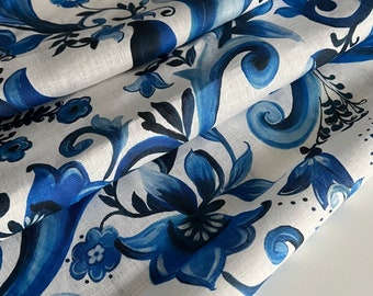 Italian linen fabric, designer fabric, designer majolica print, high quality, two last pieces 90 cm and 1.20 meters
