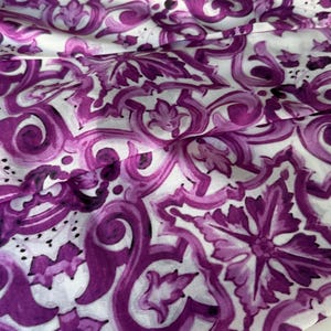 Italian Designer Cotton Batiste-Silk Fabric, Purple Majolica Print, Premium Quality