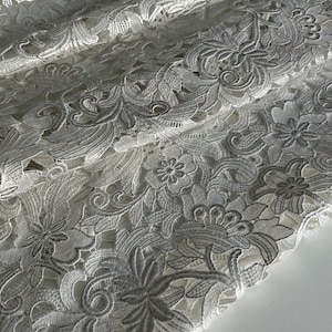 Exclusive Italian prêt-à-porter fabric, designer fabric, lace fabric, luxury fabric, 3D effect, famous designers, color: white- lamé silver