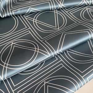 Italian silk satin stretch, designer fabric, luxury silk, geometric pattern, premium quality, color: petrol
