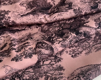 Exclusive Italian silk crêpe de chine satin stretch fabric, designer style, toile de jouy print, color: dusty rose, last piece 2 meters