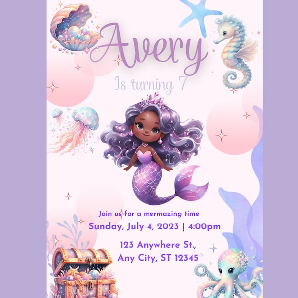 Girls mermaid sea theme, Party Digital Invitation Template, Mobile Invitation, e-invite Phone Invitations, Text Message Invite, Canva