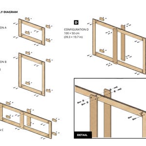 May include: An assembly diagram showing four configurations of a wooden frame system labeled A, B, C, and D with dimensions in cm and inches. Configuration A is 19.7 x 9.8 inches, B is 19.7 x 19.7 inches, C is 39.3 x 9.8 inches, and D is 39.3 x 19.7 inches.