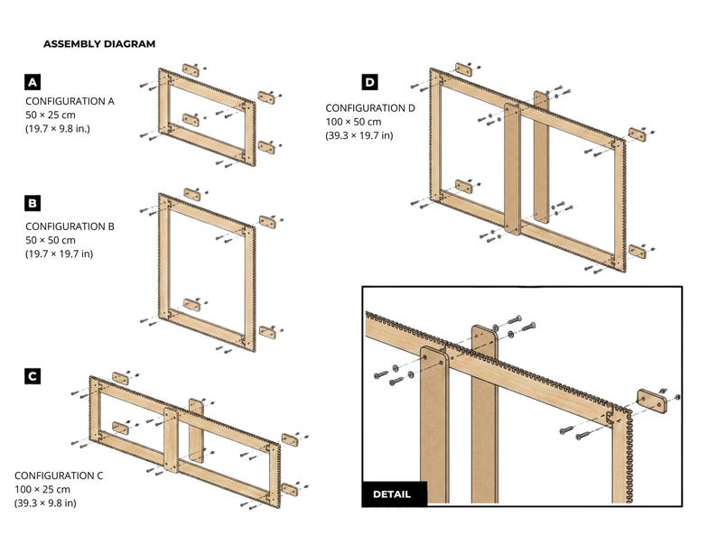 May include: An assembly diagram showing four configurations of a wooden frame system labeled A, B, C, and D with dimensions in cm and inches. Configuration A is 19.7 x 9.8 inches, B is 19.7 x 19.7 inches, C is 39.3 x 9.8 inches, and D is 39.3 x 19.7 inches.