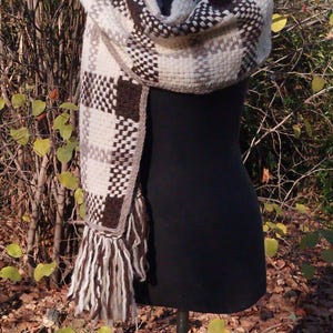May include: A thick, woven scarf featuring a checkered pattern in shades of cream, beige, and dark brown. The scarf has a textured, chunky knit appearance with long, loose fringe detailing at the ends, draped over a black display mannequin.