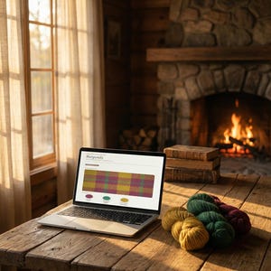 Könnte beinhalten: Ein Laptop zeigt eine Farbpalette mit der Bezeichnung "Burgundy" auf einem rustikalen Holztisch. Daneben liegen Wollknäuel in Gelb-, Grün- und Burgundertönen. Gemütliche Szene mit Kamin und Büchern im Hintergrund.