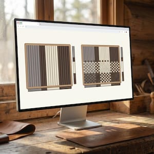 May include: A computer monitor displaying two rectangular design patterns on a light background. The left pattern features vertical stripes in shades of brown, gray, and cream. The right pattern shows a grid of woven squares in similar neutral tones.