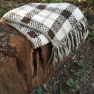 May include: A woven throw blanket featuring a checkered pattern in shades of cream, beige, and dark brown. The blanket has a thick, textured knit construction and is finished with long, twisted fringe tassels along the edge of the fabric.