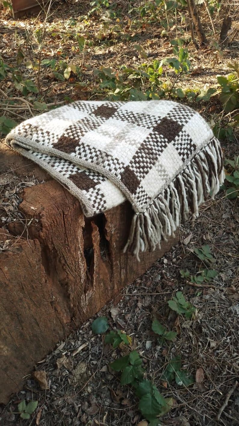 May include: A woven throw blanket featuring a checkered pattern in shades of cream, beige, and dark brown. The blanket has a thick, textured knit construction and is finished with long, twisted fringe tassels along the edge of the fabric.