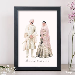 May include: A watercolor illustration of a couple in traditional Indian wedding attire. The groom is wearing a white turban and a white sherwani. The bride is wearing a pink and gold lehenga with a pink dupatta. The couple is standing side by side and the text "Manny & Nisha" is written below them.