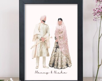 Ilustración de boda personalizada personalizada / Retrato de boda / Ilustración de retrato de pareja / Indio / Sij / Novia + Novio / Regalo de boda