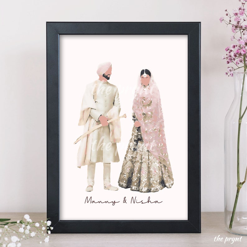May include: A watercolor illustration of a couple in traditional Indian wedding attire. The groom is wearing a white turban and a white sherwani. The bride is wearing a pink and gold lehenga with a pink dupatta. The couple is standing side by side and the text "Manny & Nisha" is written below them.