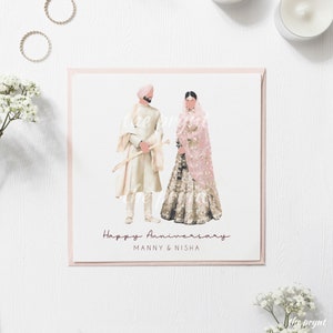 Aangepaste geïllustreerde bruiloft / verjaardagskaart | Wenskaart | Bruiloft Illustratie | Indiase bruiloft | Indiaas paar | Sikh | Hindoe