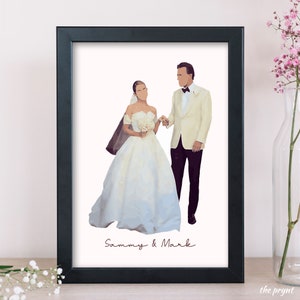 May include: A watercolor illustration of a wedding couple, a woman in a white wedding dress and a man in a white tuxedo, walking down the aisle. The text "Sammy & Mark" is written below the couple.