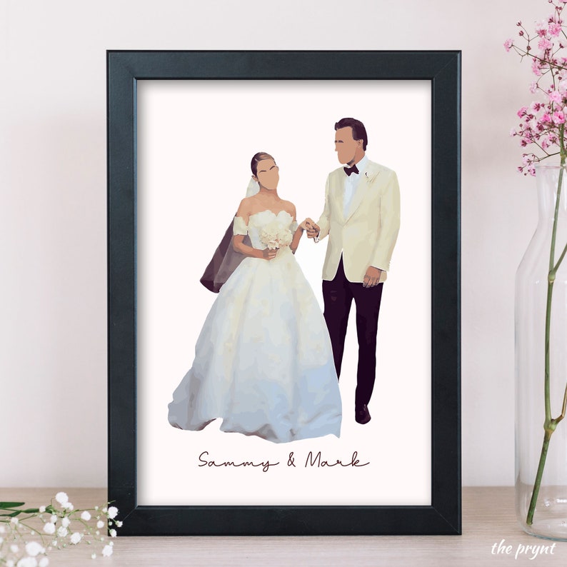 May include: A watercolor illustration of a wedding couple, a woman in a white wedding dress and a man in a white tuxedo, walking down the aisle. The text "Sammy & Mark" is written below the couple.