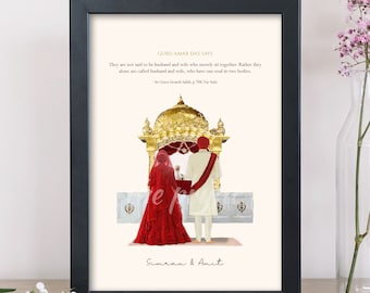 Personalised Sikh Wedding Gift | Anand Karaj Sikh Wedding Illustration | Sikhi - Guru Amar Das Ji Gift | Sikh | Punjabi | Palki Standing