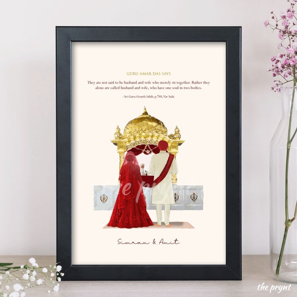 Personalised Sikh Wedding Gift | Anand Karaj Sikh Wedding Illustration | Sikhi - Guru Amar Das Ji Gift | Sikh | Punjabi | Palki Standing