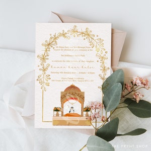 Pode incluir: Cartão de convite dourado com borda floral e um desenho de um templo sikh. O texto diz: Mr Rajan Kalsi e Mrs Kiranpal Kalsi solicitam o prazer de sua companhia no Sri Sukhmani Sahib Path para celebrar o 16º aniversário de sua filha Ruman Kaur Kalsi Sábado, 6 de janeiro de 2024 | 14:00-16:30 Guru Nanak Gurdwara Templo sikh, 96 Well Lane, Wolverhampton WV11 1XT
