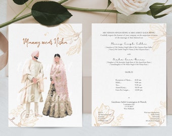A5 Bespoke Illustrated Wedding Invitation - Gold Flower | Personalised Illustration | Indian / Desi / Sikh Wedding Invites