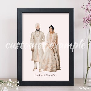 May include: A watercolor illustration of a couple in traditional Indian wedding attire. The groom is wearing a white turban and a beige sherwani with gold embroidery. The bride is wearing a white and pink lehenga with gold embroidery. The couple is standing side by side and smiling. The text "Ricky & Vanita" is written below the couple.