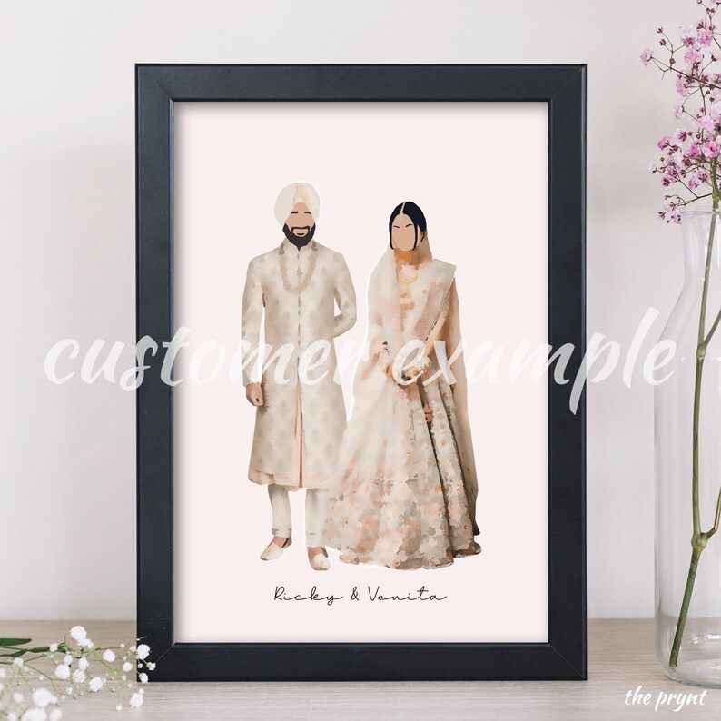 May include: A watercolor illustration of a couple in traditional Indian wedding attire. The groom is wearing a white turban and a beige sherwani with gold embroidery. The bride is wearing a white and pink lehenga with gold embroidery. The couple is standing side by side and smiling. The text "Ricky & Vanita" is written below the couple.