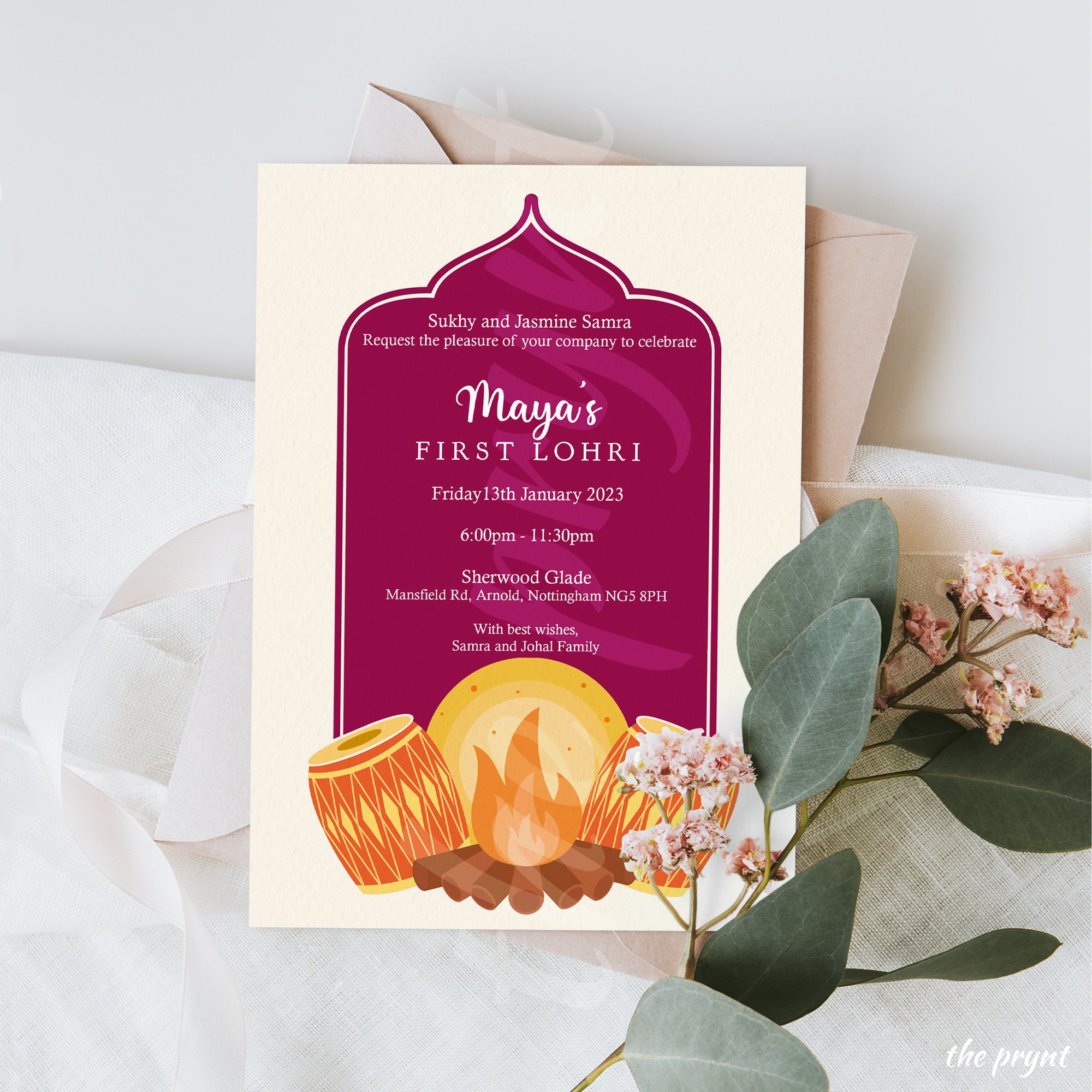 Lohri Invitation Baby s First Newly Weds Fire Drum Illustration