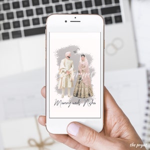DIGITAL personalizou o convite do casamento | Luxo | Ilustração personalizada personalizada | Noiva e Noivo Asiáticos/Desi | Sikh / Hindu / Muçulmano