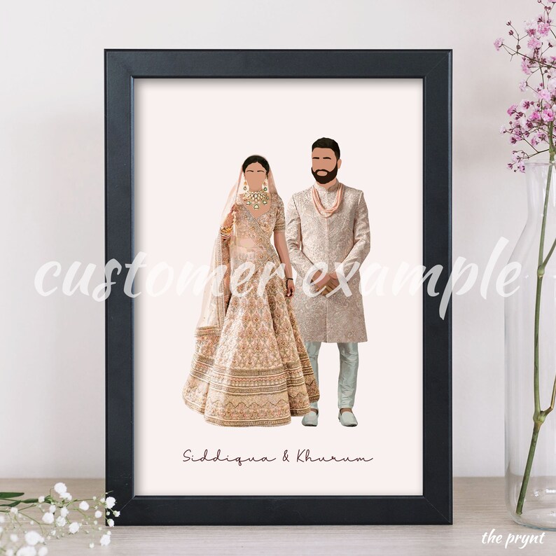 May include: A framed illustration of a couple in traditional Indian wedding attire. The woman is wearing a pink and gold lehenga and the man is wearing a cream sherwani. The text "Siddiqua & Khurrum" is written below the couple.