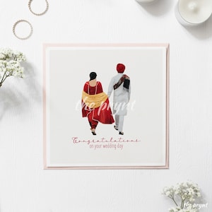 Tarjeta de boda sikh de lujo / Tarjeta de felicitación Anand Karaj / Ilustración tradicional de pareja punjabi / Ceremonia de boda sikh / Regalo de boda indio