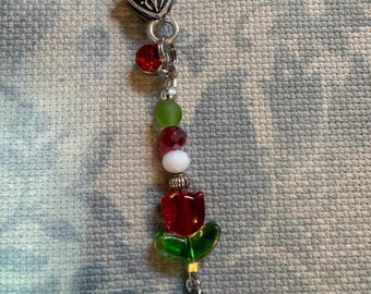 Floral scissor fob, flower scissors keep, sewing scissors fob, cross stitch scissors fob, beaded scissor fob, RED scissor keep, sewing gift