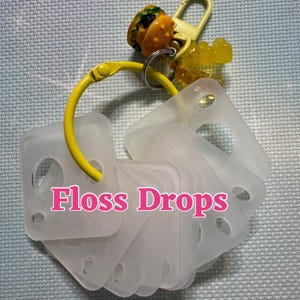 May include: A collection of translucent, square floss drops attached to a yellow ring, with decorative charms. The pink text reads "Floss Drops". Charms include a miniature burger and a yellow blob.
