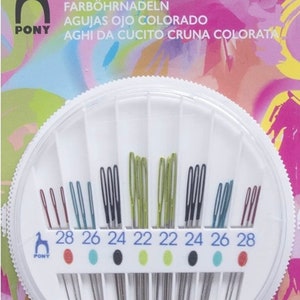 Pony needles, Colour-coded needles, tapestry needles, BLUNT TIP needles, cross stitch needle, 24 needles, 6 of each needle size 28,26,24,22