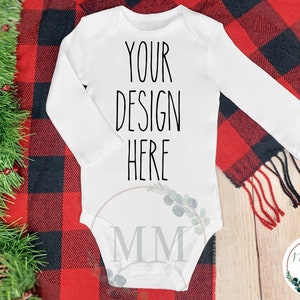Długi rękaw Onesie Boże Narodzenie Mockup | Świąteczny Mockup | Dodaj swój projekt Baby Mockup | Pusty Biały Onesie Mockup | | Mockupy dla Rzemieślników