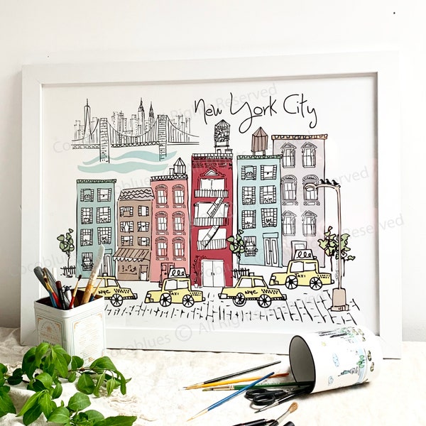 NY Brownstone, NYC Poster, NY Wall Decor, New York Landmarks, New York, New York Travel Print,