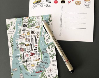 New York Map Postcard, New York City Postcard,Map Of NYC, NY Landmarks, NYC Neighborhood