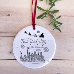 Personalized New York Christmas Ornament, NY Ornament, NYC Gift, Santa on Sleigh with Reindeer Custom New York Ornament