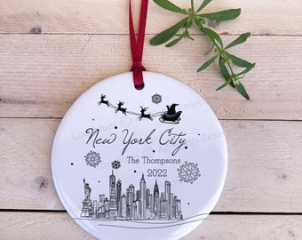 Personalized New York Christmas Ornament, NY Ornament, NYC Gift, Santa on Sleigh with Reindeer Custom New York Ornament