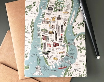 Tarjeta de felicitación de Nueva York, tarjeta plegable A2 de Nueva York, mapa de Nueva York, monumentos de Nueva York, barrios de Nueva York
