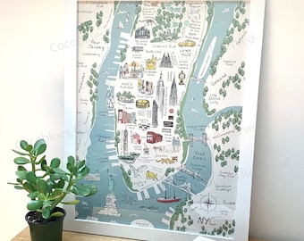 New York Manhattan Map Landmarks Poster Print | New York Print | Map Of NYC | New York City Map | NYC Map Print | Manhattan Poster | NY Map