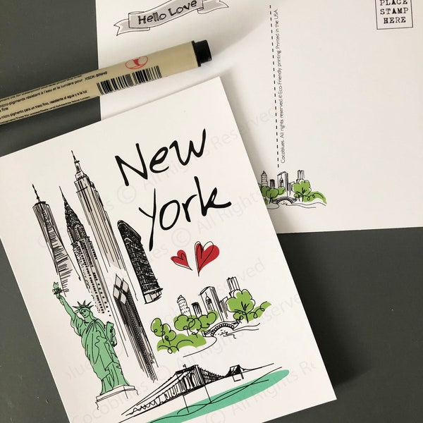 New York City Postcard, NY Landmarks, NYC Skyline Postcard, NYC