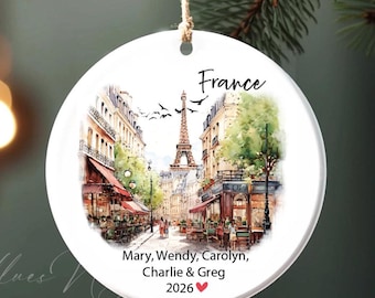 Paris France Personalized Ornament, Family Vacation, Travel Gift, Eiffel Tower France Christmas Ornament, Travel Holiday Souvenir