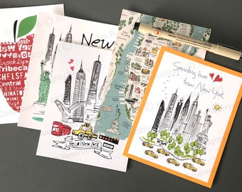 Conjunto de postales de la ciudad de Nueva York, paquete de postales de Nueva York, conjunto de 5 postales Nueva York, puntos de referencia de Nueva York