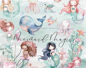 Mermaid Clipart Watercolor Cute Mermaid png Under the Sea Ocean Animals Clipart Watercolor Mermaid Birthday Little Mermaids Nursery Clipart