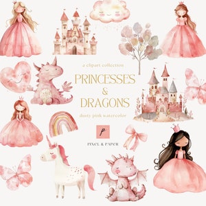 Kleine Prinzessin Clipart Rosa Aquarell Schloss Märchen Clipart Niedliche Prinzessin Babyparty PNG Baby-Drache PNG Magisches Königreich Kinderzimmer-Kunst