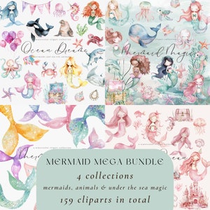 Meerjungfrau Clipart Aquarell Bundle Niedliche Meerjungfrau png Unter dem Meer Ozean Tiere Clipart Meerjungfrau Geburtstag Kleine Meerjungfrauen Kinderzimmer Clipart