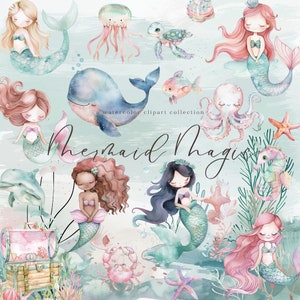 Clipart sirène aquarelle jolie sirène png sous la mer océan animaux Clipart anniversaire sirène aquarelle petites sirènes chambre d'enfant clipart