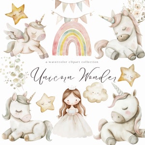 Unicornio Clipart Acuarela Set Unicornio Cumpleaños Acuarela Clipart Bebé Unicornios Junk Journal Vivero Unicornio Baby Shower Lindo Unicornio png