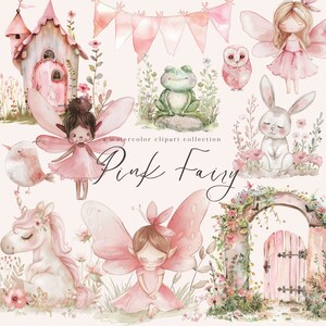 Jolie fée rose aquarelle Clipart fée chambre d'enfant Art fées Junk Journal & anniversaire Fantasy Art féerique jardin png maison de fée baby shower