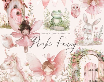 Cute Pink Fairy Watercolor Clipart Fairy Nursery Art Fairies Junk Journal & Birthday Fantasy Art Fairy Garden png Fairy House Baby Shower